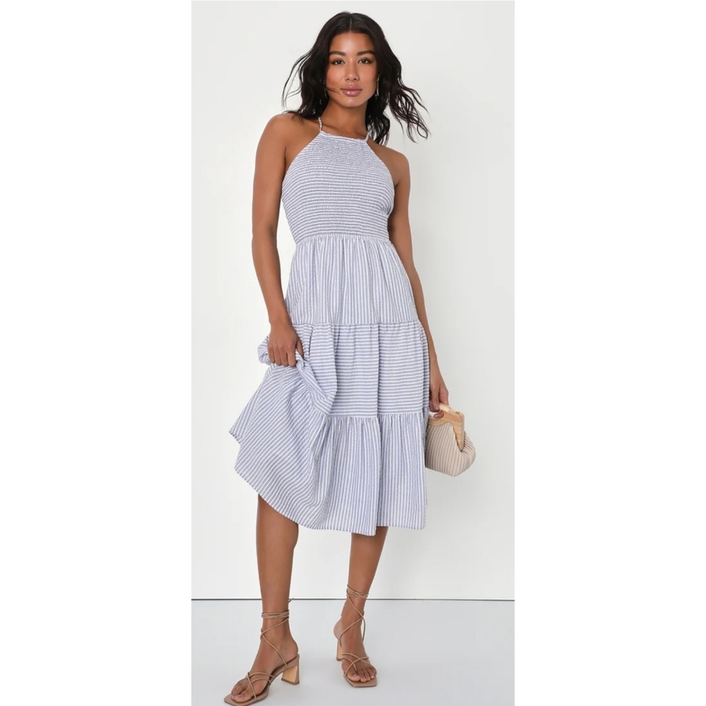 Lulu's Chasing Sunshine Blue and White Striped Lace-Up Midi Dress